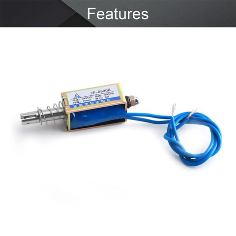 24V 0.3A 5N Push Pull Frame Solenoid Electromagnet With 10mm Stroke for Smooth Linear Motion Low Friction Plunger Spring Return JF-0530B 24V DIY Robotic Actuator for Projects, compact metal solenoid with blue wires