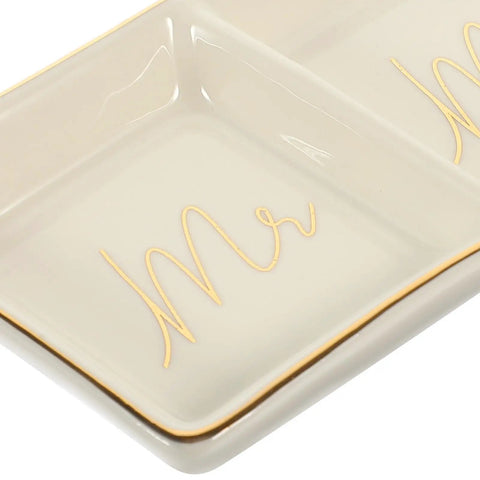 Slick Ceramic Jewelry Tray Featuring A Double Grid Ring Holder And Classy Gold Trim Trinket Dish For Your Nightstand Vibe And Staple Small Daily Organizer close-up view with gold trim and "Mr" printed.