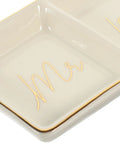 Close-up of Elite Gold Trimmed Ceramic Jewelry Tray Featuring Mr And Mrs Pattern in divided design, ideal for rings.