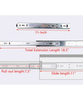 Illustration showing 11 Inch Drawer Slides With Ball Bearing Rails For Smooth No Squeak Action, Side Mount Design, Full Extension To 18.5 Inches