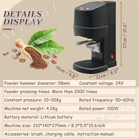 Automatic Espresso Tamper 58mm Electric Coffee Press With Adjustable 22 To 66 Lbs Pressure For A No Sweat Daily Grind And Smooth Operator Shot Consistency All Day Long Black with specifications and details displayed.