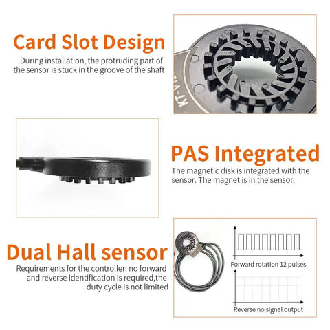 KT V12L And VL12R Pedal Assist Sensor Kit showcasing card slot design and PAS integrated dual Hall sensor