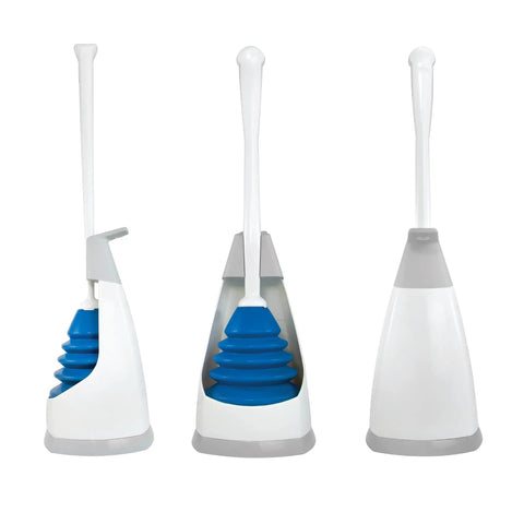 Top Shelf Toilet Plunger With No Drip Carrying Caddy And Suction Lock Seal That Kicks Gnarly Drain Clogs Swift While Preserving Your Restroom From Messy Splash Back During Routine Home Care Tasks, featuring blue rubber cup in white holder.