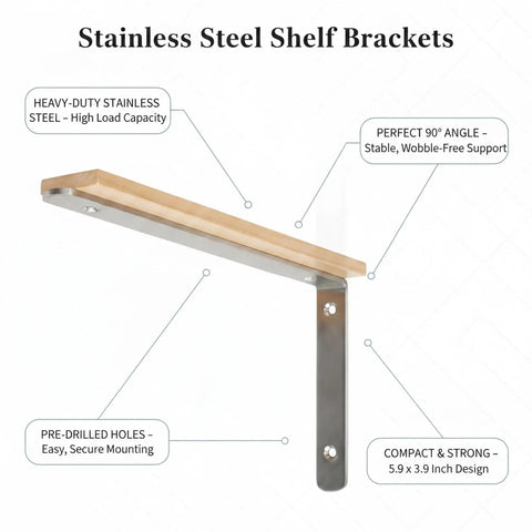 Heavy Duty Stainless Steel L Bracket Corner Brace For Floating Shelves And Furniture Reinforcement, 90 Degree Locking, 5.9 By 3.9 Inch