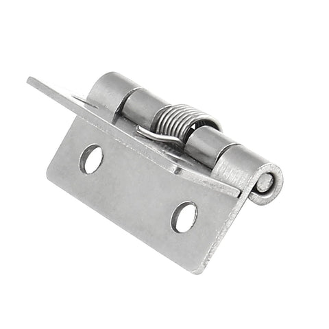 Close-up of stainless steel spring-loaded cabinet hinge, 1.5-inch, self-closing, two-hole mounting plate.