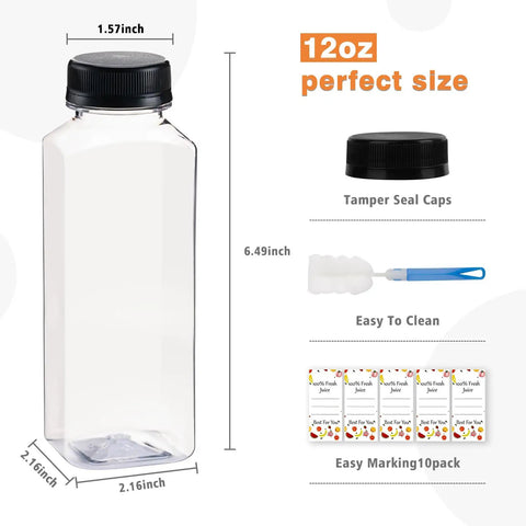 10 Pack 12 Oz Clear Plastic Juice Bottles With Screw Caps Reusable Food Grade Pet Beverage Jars with tamper seal and cleaning brush.