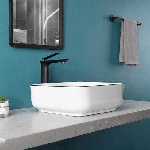 White Square Vessel Sink With Black Trim 15-Inch Above Counter Sink Pop Up Drain Modern European Style Bathroom Vanity Bowl
