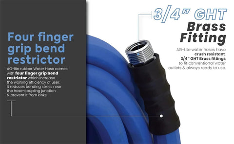 Blue AG-Lite rubber garden hose, coiled, with brass 3/4-inch GHT fitting.