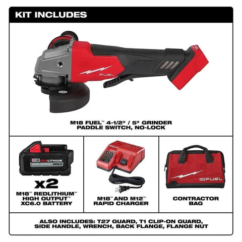 Badass M18 Brushless Angle Grinder Kit 4-1/2 Inch 5-Inch Cordless Power Tool components including grinder, batteries, charger, and bag.