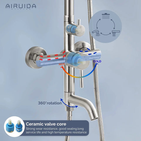 Outdoor Shower System in SUS304 Brushed Nickel, close-up of valve core and rotation mechanism, for patio garden poolside
