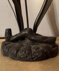 Lily Flowers And Dragonfly Tiffany Style Stained Glass Table Lamp 19 Inch Tall base detail, handcrafted accent lighting