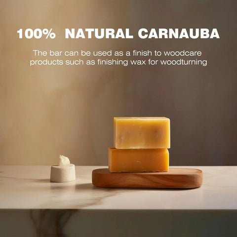 Premium Pure Brazilian Carnauba Wax Paste Stick For Wood Polish And Furniture Buffing Compound on a wooden tray.