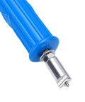 Close-up of Tough Galvanized Drain Auger Cable with Six Heavy Cutter Blades for blasting kitchen sink clogs, featuring durable blue handle.