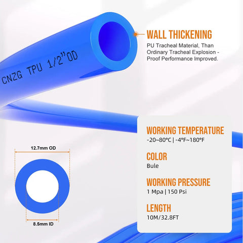 Close-up of blue 1/2 inch OD air hose with text highlighting wall thickness, temperature, pressure, and length specifications.