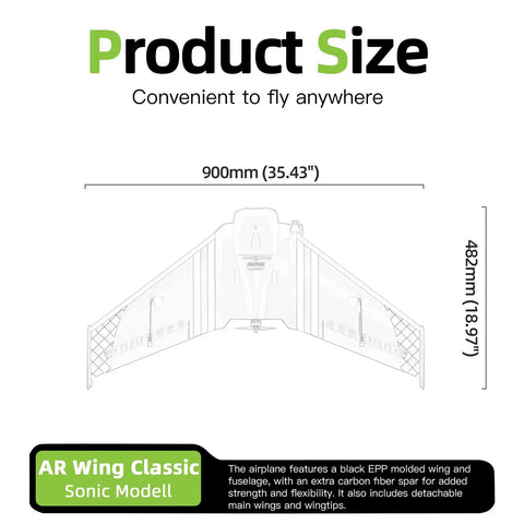 Sonic Modell AR Wing FPV RC Airplane For Adults With 900mm Wingspan shown in product size chart, black EPP frame, carbon spar