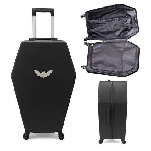 Gothic coffin carry-on luggage in black with lock, featuring a unique coffin shape and four spinner wheels, ideal for cosplay and horror fans.