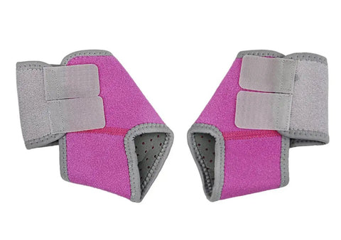 2 Pack Adjustable Nonslip Ankle Tendon Brace for Kids Sports and Dance Foot Support with pink neoprene and gray straps.
