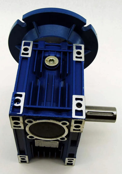 Worm gear speed reducer, blue, with right-side output shaft and four mounting flanges