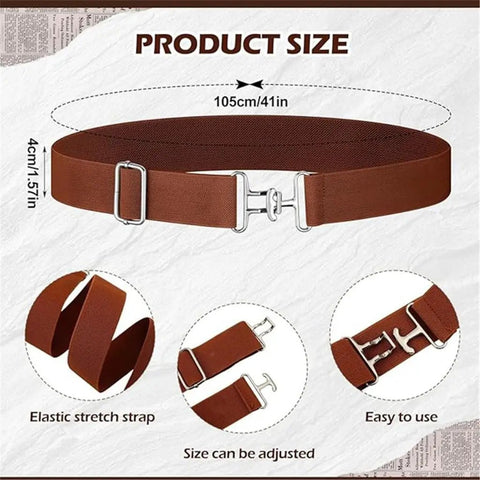 Brown elastic horse riding belt with hook buckle, 105cm length and 4cm width, showing adjustable features for stable comfort.