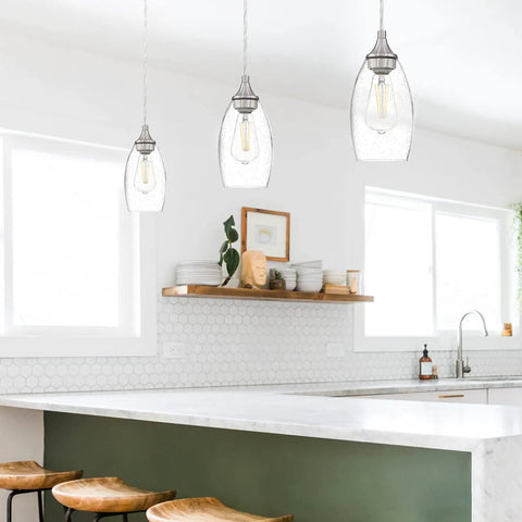 One Light Indoor Mini Hanging Pendant Lamps Set For Kitchen Island And Bar Handcrafted Glass Chandelier Shades In Seeded Clear Glass