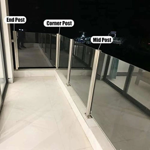 Hella Durable 304 Stainless Steel Corner Post For Glass Railing With Rock Solid Rectangle Base Built Tough For Commercial Deck Balcony Hotel Handrail Support At 37 Point Four Inch Height showing end, corner, and mid posts.