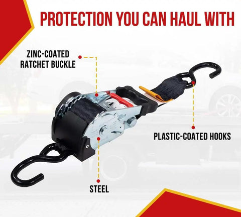 2 Inch By 10 Foot Auto Retract Ratchet Straps With Coated S Hooks for securing trailers, featuring steel and plastic components.