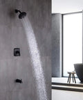 Dope Matte Black Tub Shower System With Five Spray Rain Shower Head And Diverter Spout Pressure Balance Valve Includes Rough In Valve For Precise Temperature Control And Durable Brass Construction For Modern Bathrooms in a modern bathroom