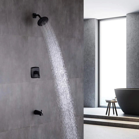 Dope Matte Black Tub Shower System With Five Spray Rain Shower Head And Diverter Spout Pressure Balance Valve Includes Rough In Valve For Precise Temperature Control And Durable Brass Construction For Modern Bathrooms in a modern bathroom