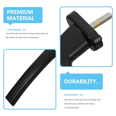 Close-up of black zinc alloy keyed lever interior door handle with lock for secure entry, focusing on material and durability.