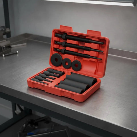 Heavy Duty 14 Piece Bearing Removal Tool Kit For Mechanics And Home Garage Featuring Inner Bearing Puller Set With Rods And Sleeves For Disassembly On Cars Bikes Or Machines Plus Storage Box To Keep Parts Safe Handling Stuck Bearings Is Easy As Pie, red case open