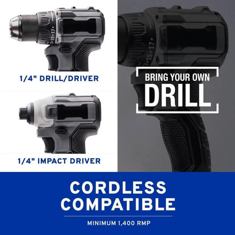 Professional Grade Drill Powered Paint Sprayer with drill and impact driver graphics and cordless compatibility details.