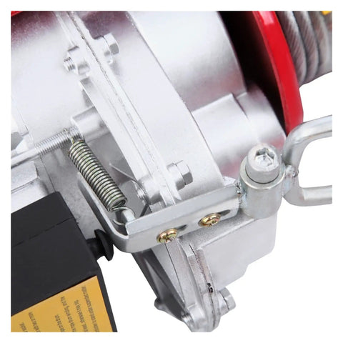Close-up of Heavy Duty Electric Hoist with 220V Plug And Play Cable Winch Motor, showcasing steel body and internal mechanism.