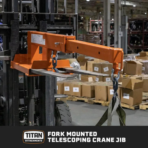 Built Tough Fork Mounted Telescoping Jib Boom Crane With 5500 LB Lifting Power And Sweet 31 To 79 Inch Reach makes lifting easy in a warehouse.