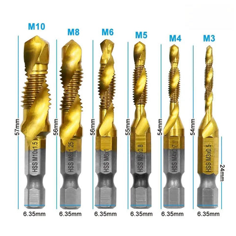 Pro Grade 6 Piece Drill and Tap Set with HSS Titanium Bits displayed in different sizes
