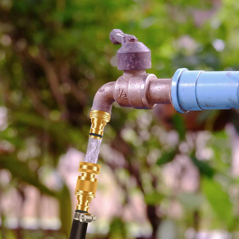 Heavy Duty Rust Resistant Brass Garden Hose Quick Connect Fittings Three Quarter Inch GHT Female To Female Adapters installed