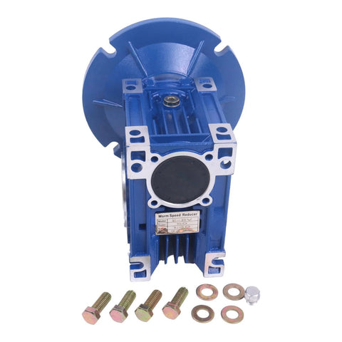 HOLDWELL MRV050 worm gear speed reducer, blue, front view with mounting flange and hardware