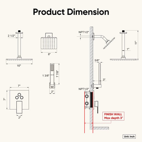 Product dimension diagram of Legit Top Shelf Gold Shower System With Heavy Duty All Metal Dual Rainfall Ceiling And Wall Mount Handheld Sprayer.