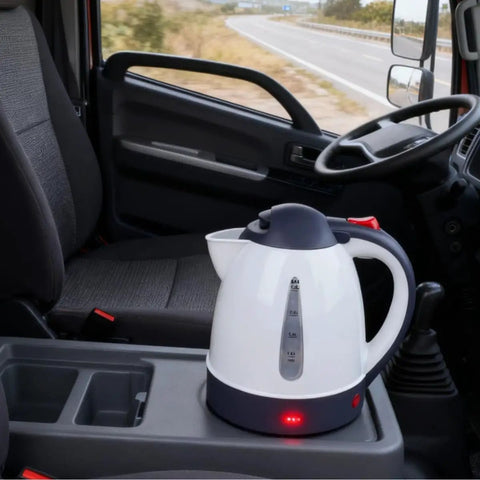 Game Changer Dual Voltage Car Kettle Works With 12V And 24V Systems Portable Water Heater 1 Liter displayed in truck cab.