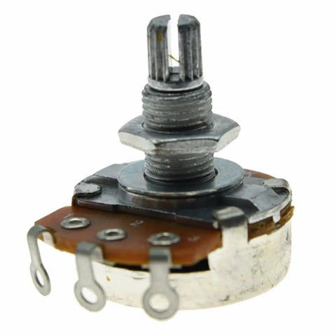Close-up of a B500K pot from 5 Pack Linear Guitar Pots 500K Volume For Electric Guitars, Big 24mm Base, Long Split Shaft.