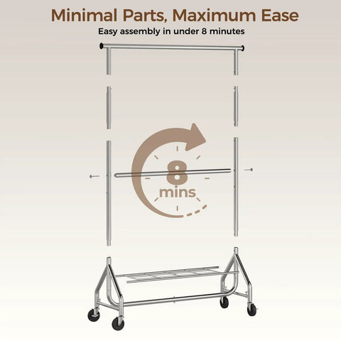 Kickass Durability Double Rod Clothes Rack, Rolling Garment Stand With Zero Hassle Setup, showing easy assembly parts.