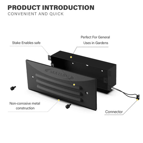 Low Voltage LED Deck Lights 9 Inch Step Lighting Kit with black non-corrosive metal construction, connectors, and installation view