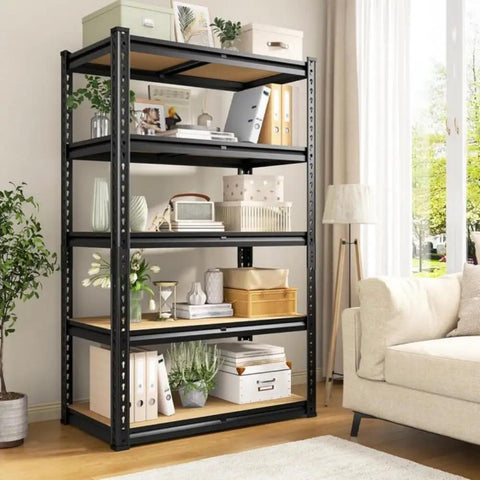 Five Tier Heavy Duty Metal Garage Shelving Unit With 1500 Pound Capacity Adjustable Storage Rack in living room with decor items