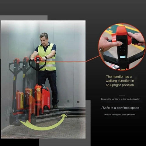 Big Budget 3300 Lb Full Electric Pallet Jack With Lithium Battery Fits Narrow Spaces, worker using handle in upright position.
