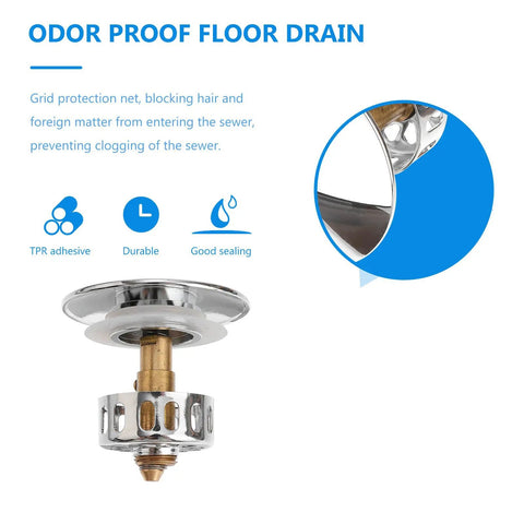 Brass Bathtub Drain Stopper with Push Button Flat Seal, showing durable chrome finish and grid protection design for odor proofing.