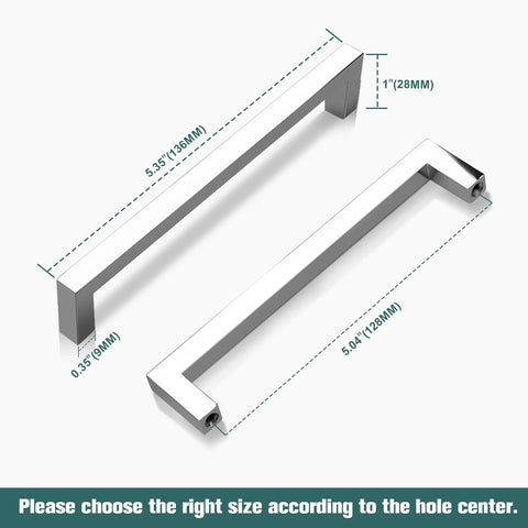 5 Pack Polished Chrome Cabinet Pulls Solid Zinc Alloy Drawer Pulls, square bar, 136mm length, 28mm height, 9mm width