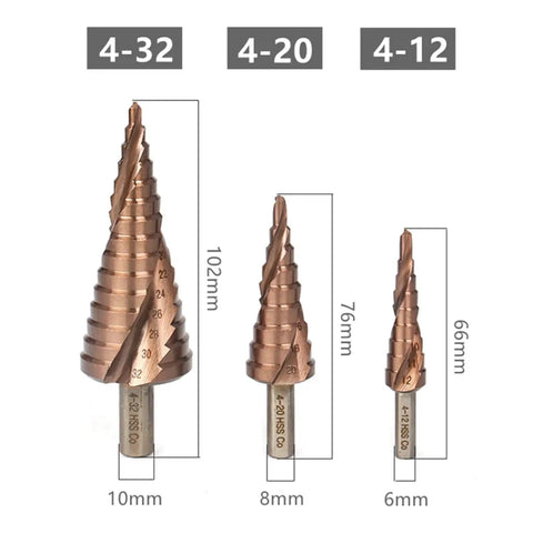 Get This High Performance HSS M35 Cobalt Step Drill Bit With 4 To 12mm Hole Saw Kit And Spiral Groove For Stainless Steel And Tri Hex Shank For Serious Drilling Jobs Today 4-12mm step drill bit set, 66mm, 76mm, 102mm