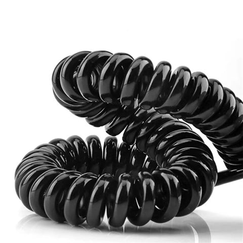 Rugged Slick Retractable Coiled Wire Five Core 13 AWG Spring Extension Cable Stretches Up To 15 Meters in a spiraled black design.
