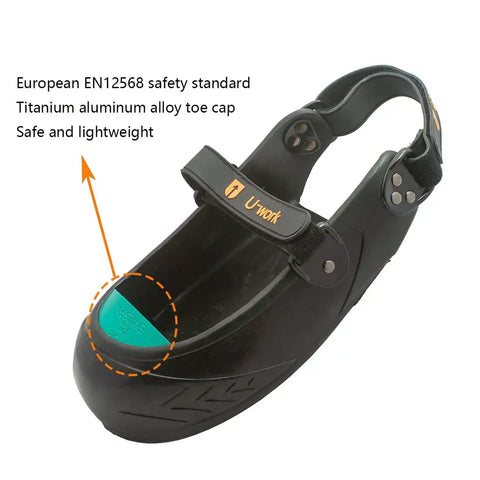 Lock And Load Steel Toe Overshoes With Dual Hook And Loop Straps For A Rock Solid Fit Extra Instep Support Keeps Footing Steady XL Green close-up showing titanium alloy toe cap and safety standard features.