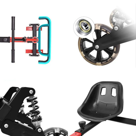 Various views of Seat Attachment Go Kart Conversion Kit For Hoverboard Self Balancing Scooters 6.5 Inch 8 Inch 10 Inch Red Crash Bar Frame