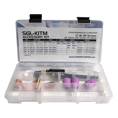 SGL KITM TIG Accessory Kit With Stubby Gas Lens And 4GL Tips, includes various consumables in transparent storage box